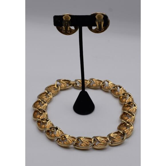 Chunky Gold Tone Set Necklace Earrings 1980s- 90s Vintage - Picture 3 of 7